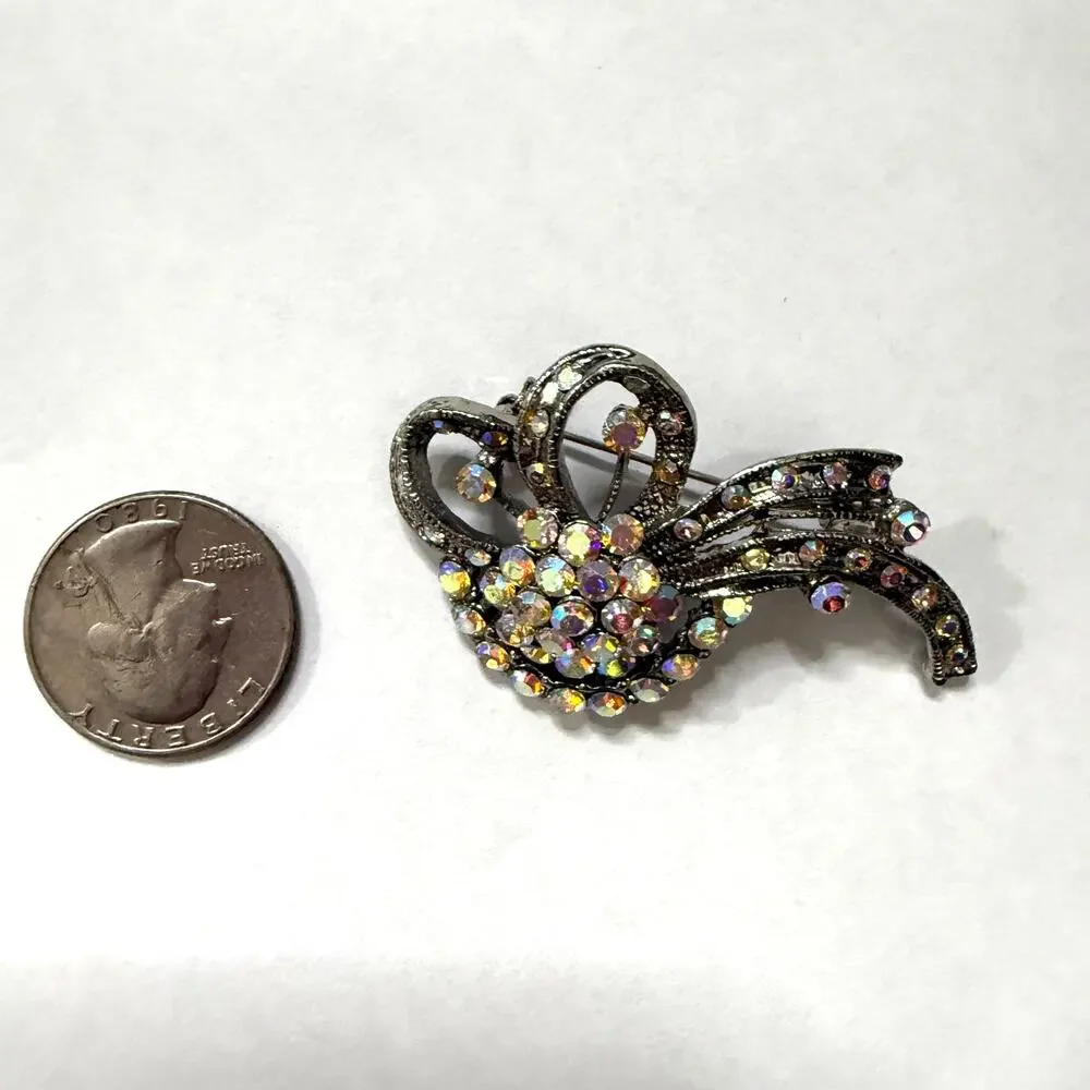 Vintage 1960s Aurora Borealis Rhinestone Silvertone Brooch Pin